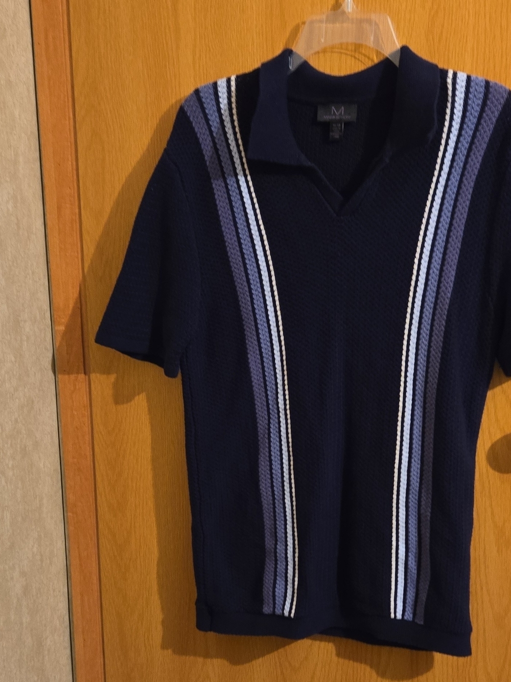 Mens Magaschoni Navy Polo with Light Blue and White Stripes